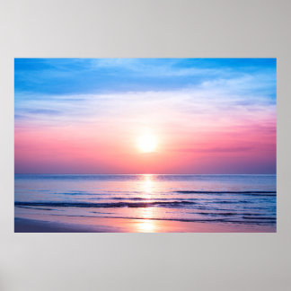Beautiful morning sunrise, blue sea, pink sky, whi poster