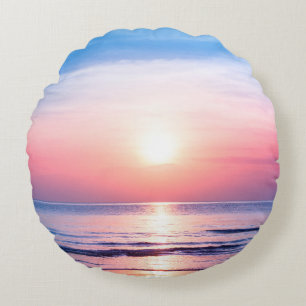 Beautiful morning sunrise, blue sea, pink sky, whi round cushion