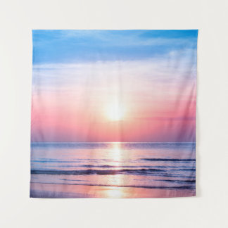 Beautiful morning sunrise, blue sea, pink sky, whi tapestry