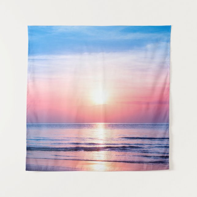 Beautiful morning sunrise, blue sea, pink sky, whi tapestry (Front)