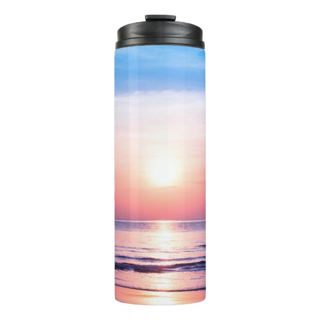 Beautiful morning sunrise, blue sea, pink sky, whi thermal tumbler (Front)