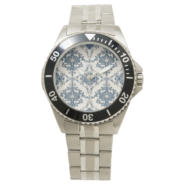 Beautiful Mosaic Blue Silver Pattern, Men Watch (Front)