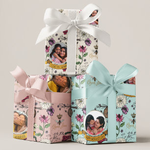 Beautiful Mothers Day Queen Bee, Flowers & Photo Wrapping Paper Sheet
