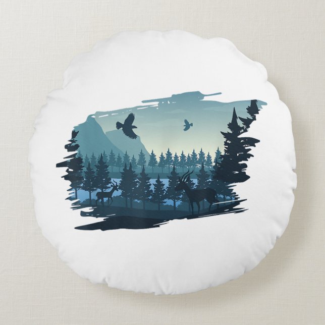 Beautiful Mountain, Nature Trees and Forest Round Cushion (Front)