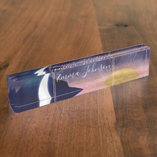 Beautiful Mountain River Moon Sunset Design Nameplate (Side)