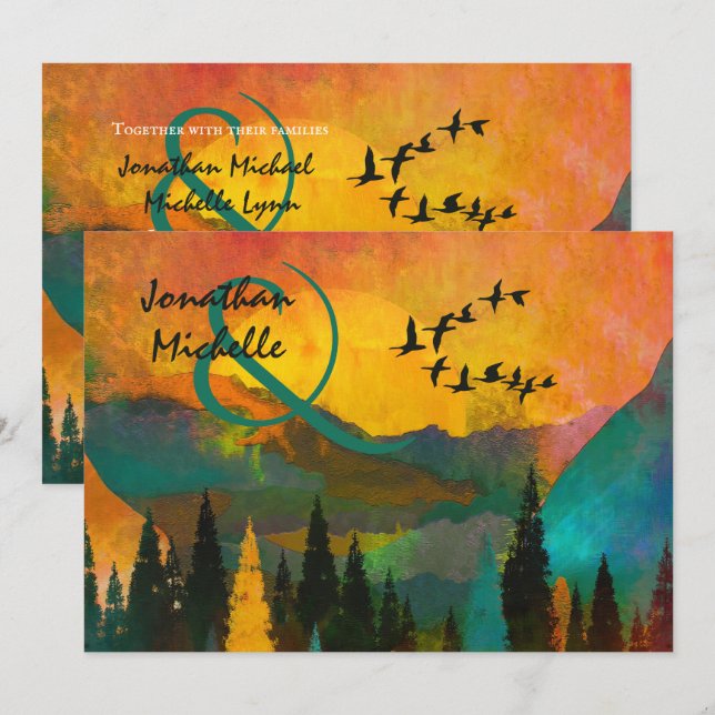 Beautiful Mountain Sunset, Trees and Birds Wedding Invitation (Front/Back)