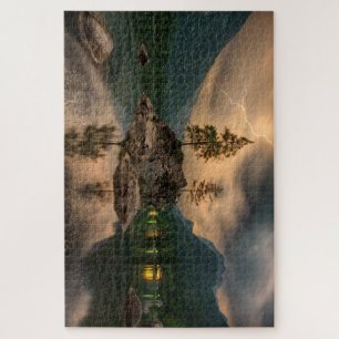 Beautiful Mountain View Over Water with Lightning Jigsaw Puzzle