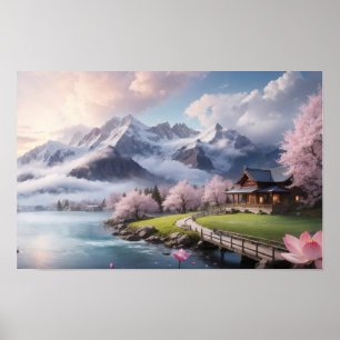 Beautiful Mountain View with Sakura Tree and Lake Poster