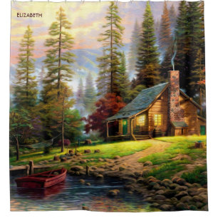 Beautiful Mountain Wooden Chalet On River Shore Shower Curtain