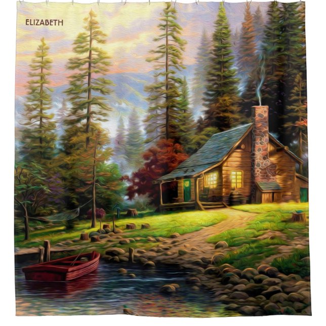 Beautiful Mountain Wooden Chalet On River Shore Shower Curtain (Front)