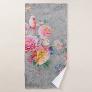 Beautiful multi-colored flowers and birds on concr bath towel