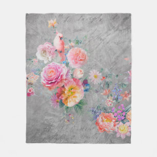 Beautiful multi-coloured flowers and birds on conc fleece blanket