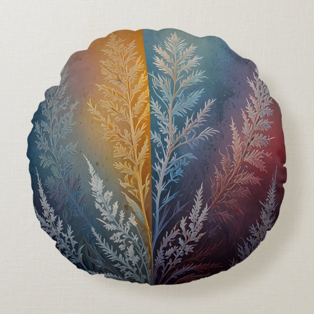 Beautiful multi coloured ice crystal feathered  round cushion (Front)