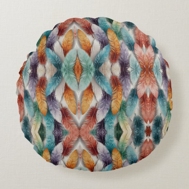 Beautiful multi coloured ice crystal feathers  round cushion (Front)