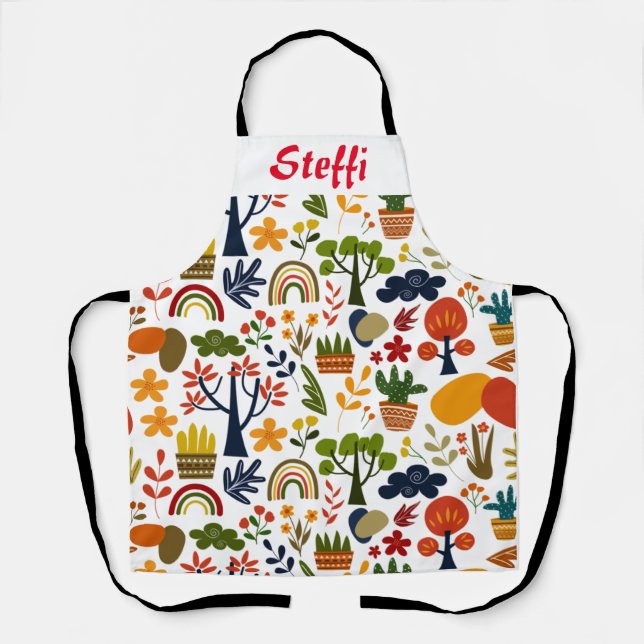 Beautiful multi print with customisable name apron (Front)