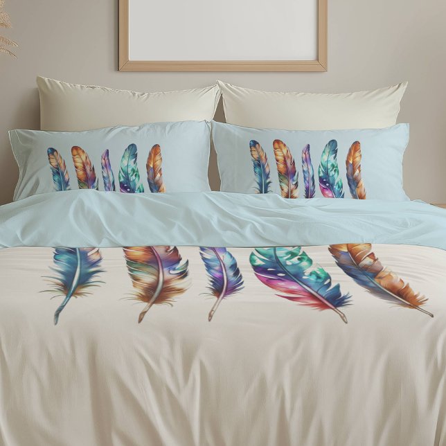 Beautiful Multicolor Boho Feathers - Blue Graphic Pillowcase (Creator Uploaded)