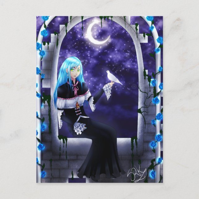 Beautiful Mysterious Anime Girl with a dove Postcard (Front)