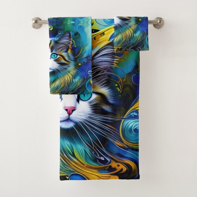 Beautiful Mystical Cat in Blues and Golds Bath Towel Set (Insitu)