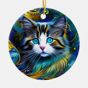 Beautiful Mystical Cat in Blues and Golds Ceramic Tree Decoration