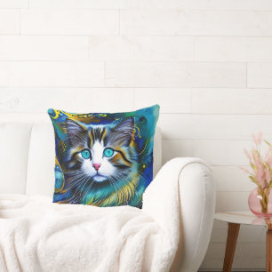 Beautiful Mystical Cat in Blues and Golds Cushion