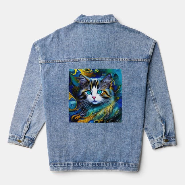 Beautiful Mystical Cat in Blues and Golds Denim Jacket (Back)