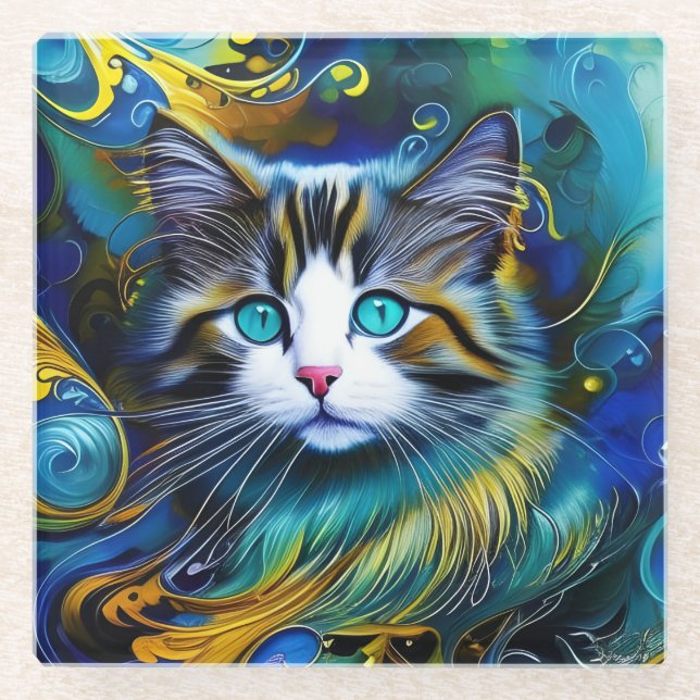 Beautiful Mystical Cat in Blues and Golds Glass Coaster (Front)