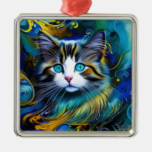 Beautiful Mystical Cat in Blues and Golds Metal Tree Decoration