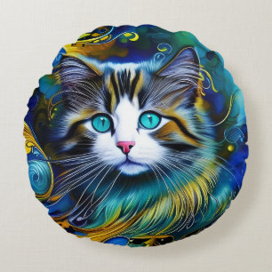Beautiful Mystical Cat in Blues and Golds Round Cushion