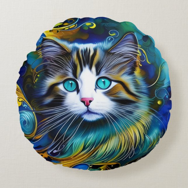Beautiful Mystical Cat in Blues and Golds Round Cushion (Front)