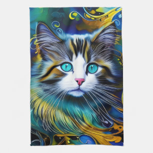 Beautiful Mystical Cat in Blues and Golds Tea Towel