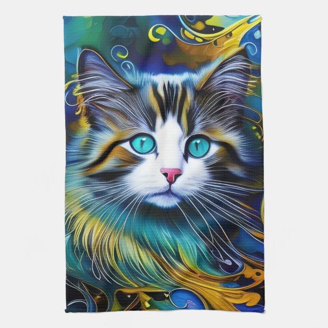 Beautiful Mystical Cat in Blues and Golds Tea Towel (Vertical)