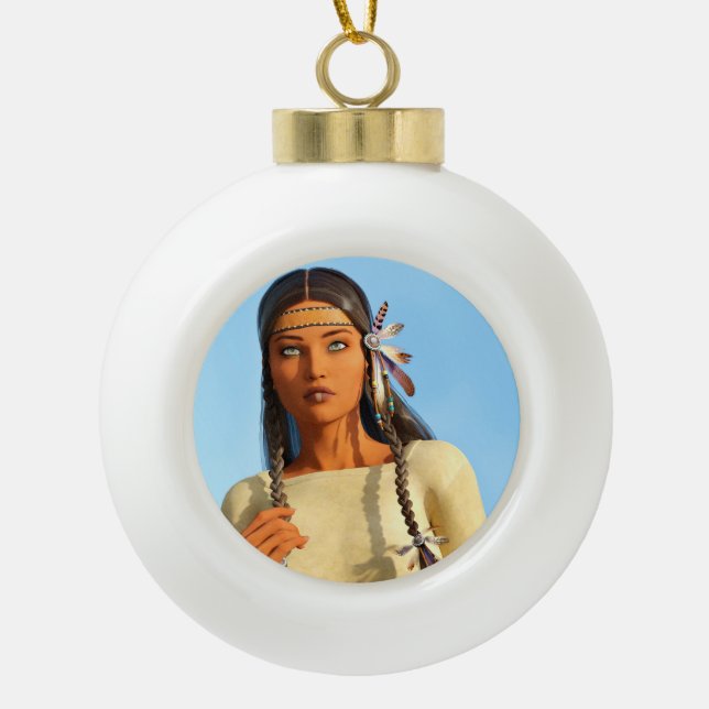 Beautiful Native American Woman Indigenous Outfit Ceramic Ball Christmas Ornament (Front)