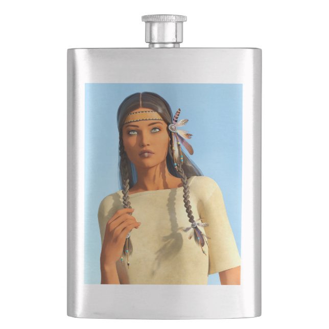 Beautiful Native American Woman Indigenous Outfit Hip Flask (Front)
