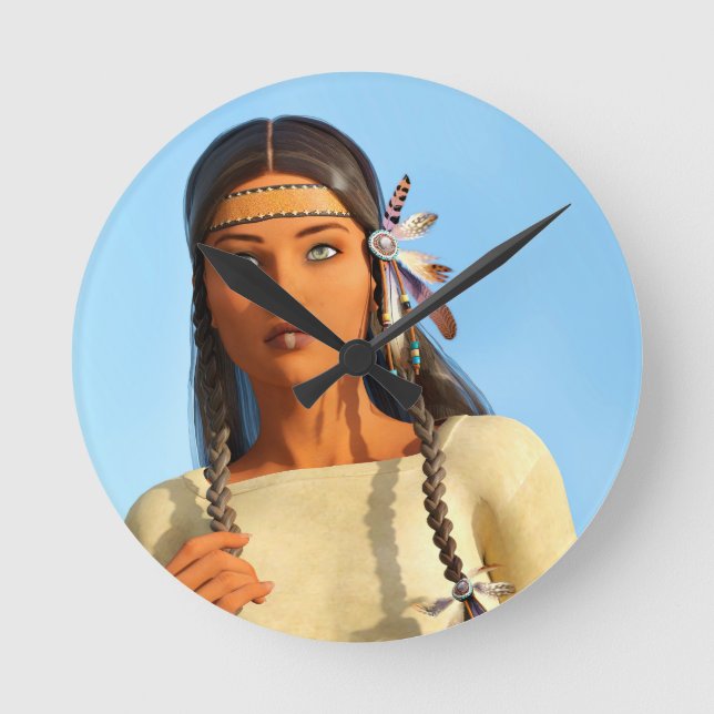 Beautiful Native American Woman Indigenous Outfit Round Clock (Front)