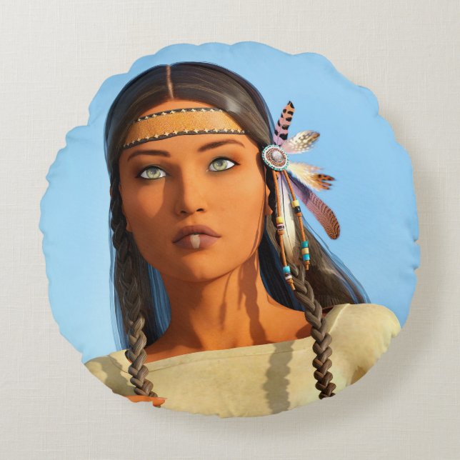 Beautiful Native American Woman Indigenous Outfit Round Cushion (Front)