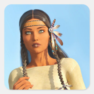 Beautiful Native American Woman Indigenous Outfit Square Sticker