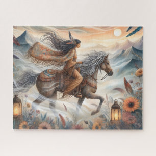 Beautiful Native American Woman On Horse Jigsaw Puzzle