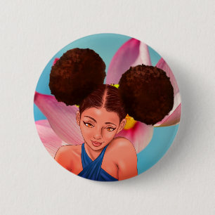BEAUTIFUL NATURAL AFRO PUFF BLACK GIRL 6 CM ROUND BADGE