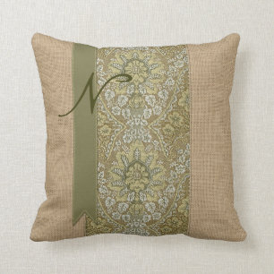 Beautiful Natural Burlap Green Damask Ribbon Dots Cushion