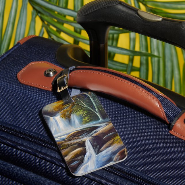 Beautiful Nature Waterfall Stream Oil Painting  Luggage Tag (Front Insitu 1)