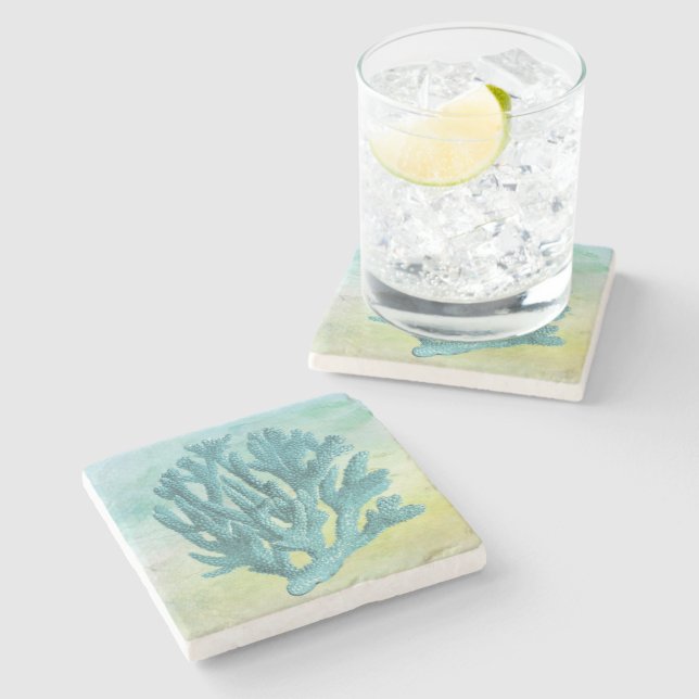 Beautiful Nautical Coastal Blue Coral Stone Coaster (Side)