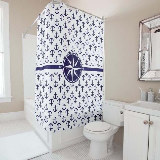 Beautiful Nautical Compass Blue Anchor Pattern Shower Curtain (In Situ)