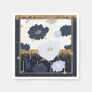 Beautiful Navy Blue and Gold Floral Design Napkin