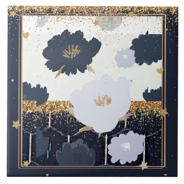 Beautiful Navy Blue and Gold Floral Design Tile (Front)