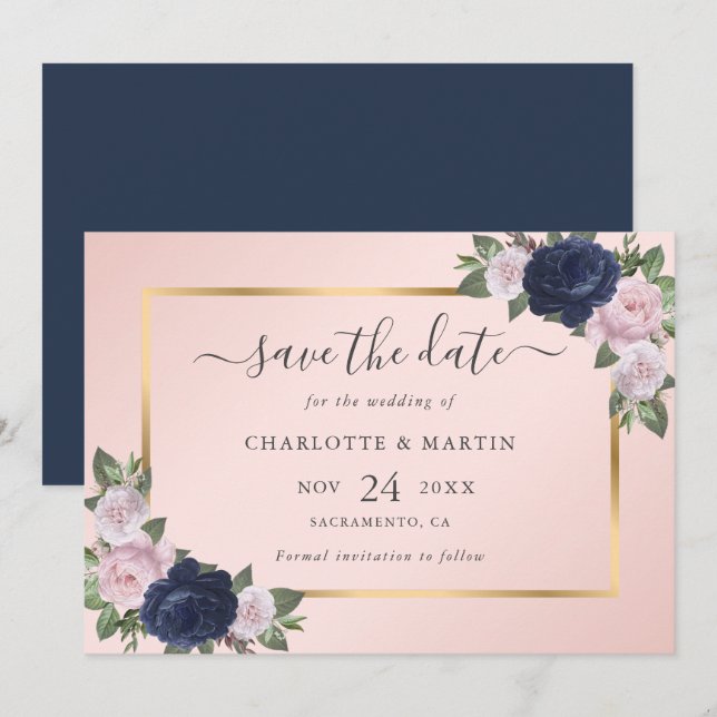Beautiful Navy Blue Blush Pink Gold Floral Wedding Save The Date (Front/Back)