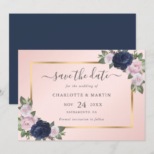 Beautiful Navy Blue Blush Pink Gold Floral Wedding Save The Date