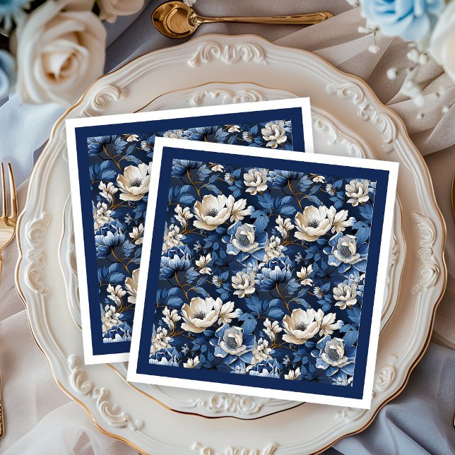 Beautiful Navy Blue Ivory Floral Table Napkins (Beautiful Navy Blue Ivory Floral Table Napkins)