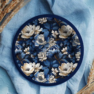 Beautiful Navy Blue Ivory Floral Table Paper Plate