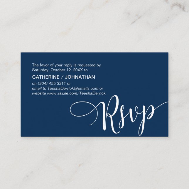 Beautiful Navy Blue Script,, RSVP respond Enclosure Card (Front)