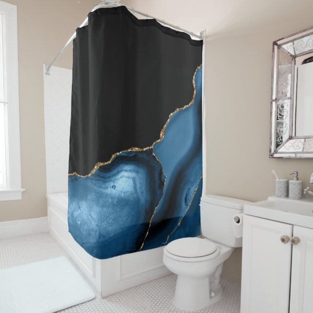 Beautiful Navy Blue with Metallic Gold Agate Shower Curtain (In Situ)
